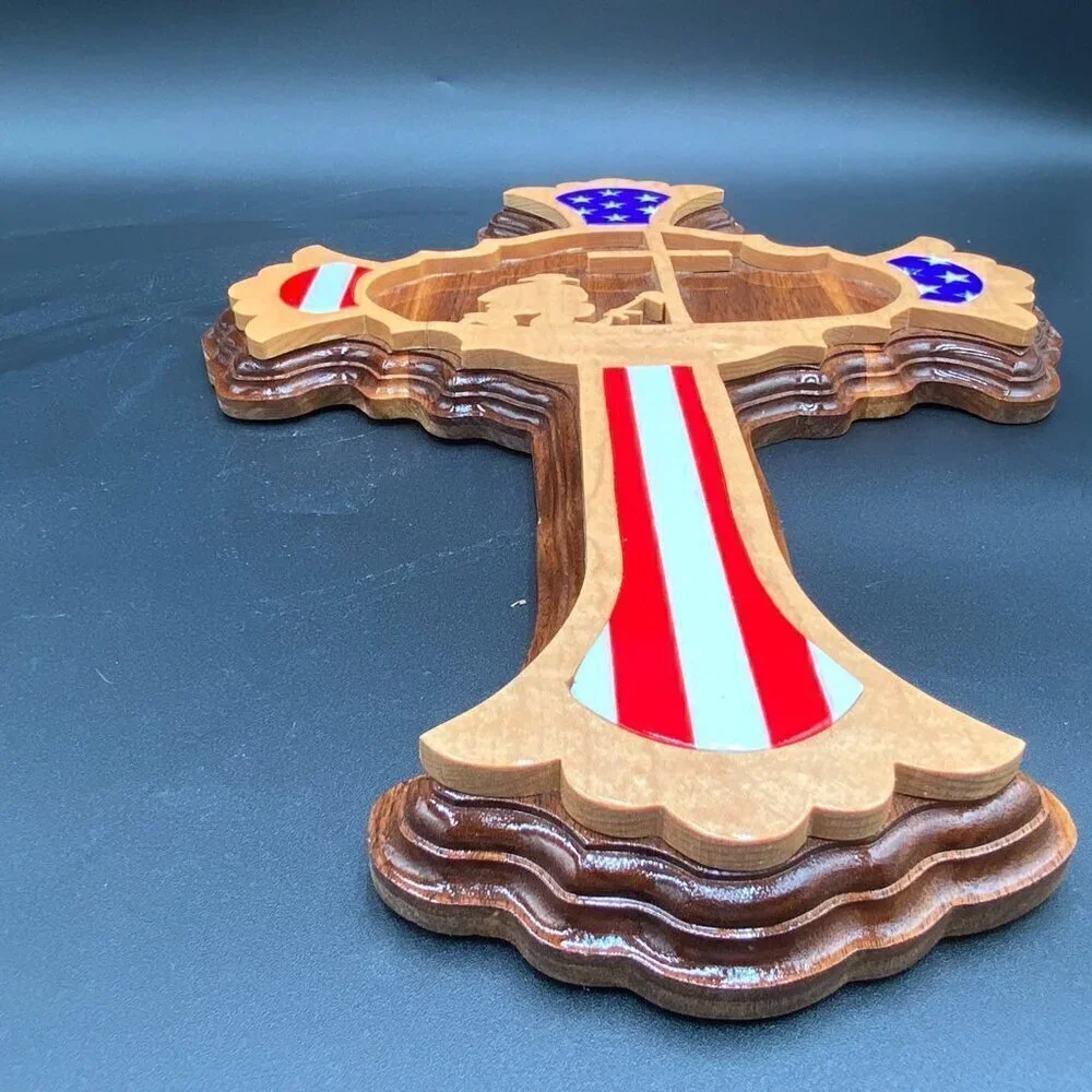 Handcrafted Craig Caudill Wooden USA Flag American Fallen Soldier Memorial Cross